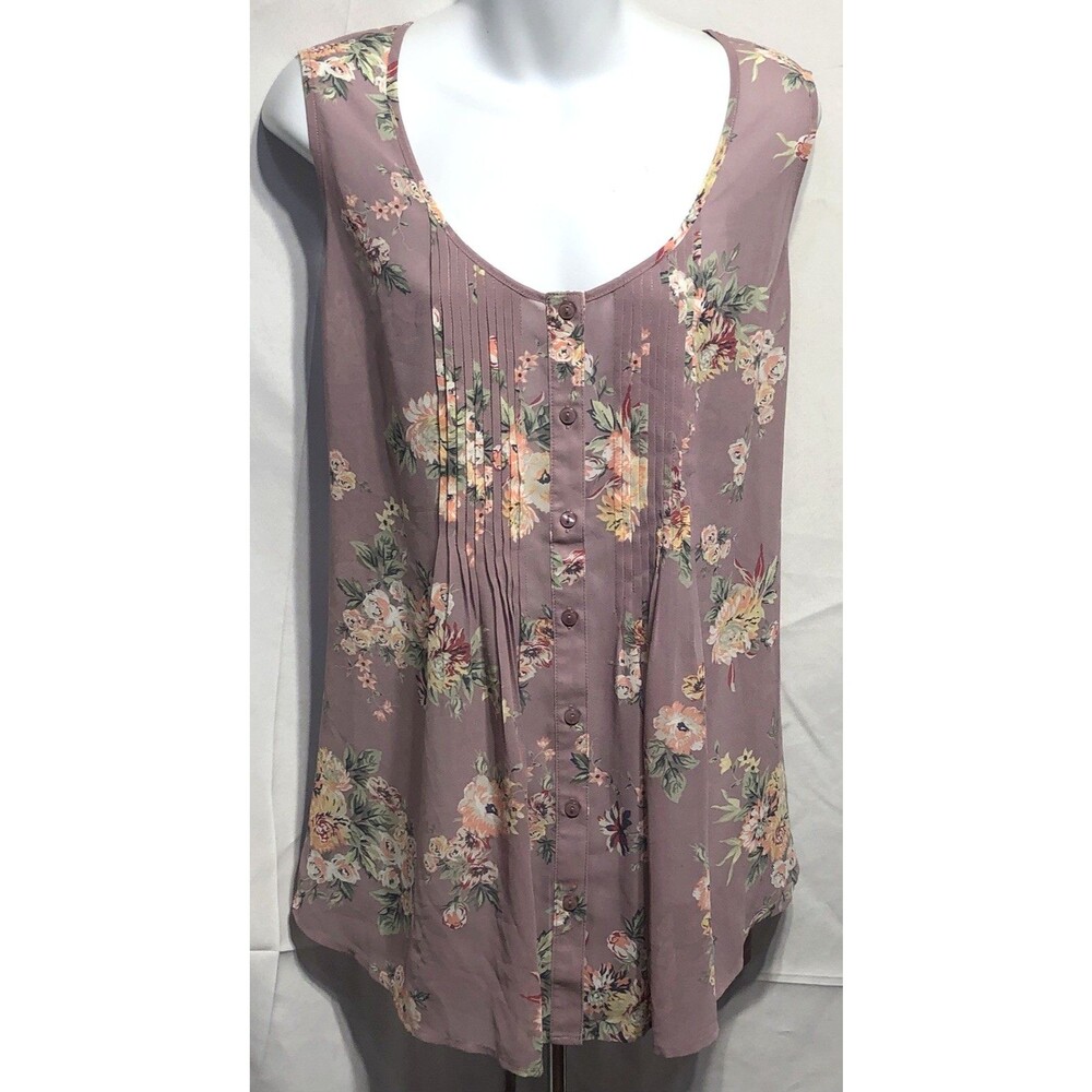 American Rag Chiffon Sleeveless Top 1X Purple Floral Pleated TieBack Cottage
